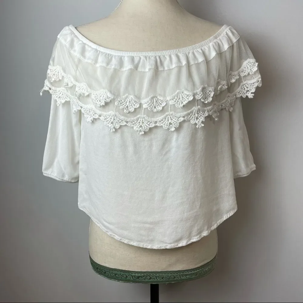 Ambiance Solid White Strapless Lace Crop Blouse M